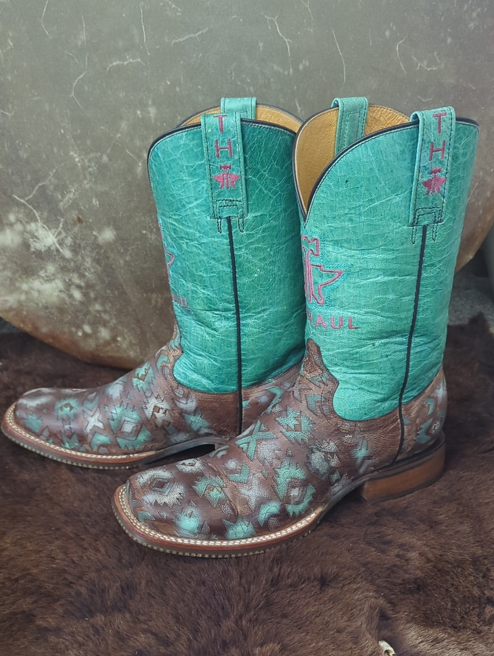 TIN HAUL "Painted Warrior" teal green/blue & brown Aztec square toe boots sz 9.5 - Picture 2 of 16